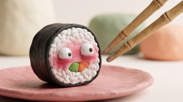 Embarrassed Blushing Sushi Roll Clay Character with Chopsticks
