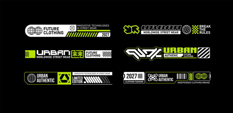 Streetwear typography badge collection. Futuristic urban labels and editable vector emblems for apparel branding, fashion prints, patches and merchandise