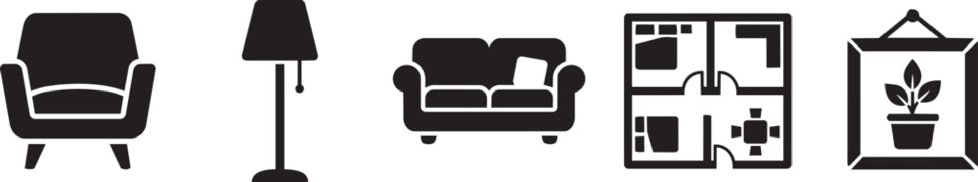 Home interior silhouette icon set with furniture, floor plan and wall art