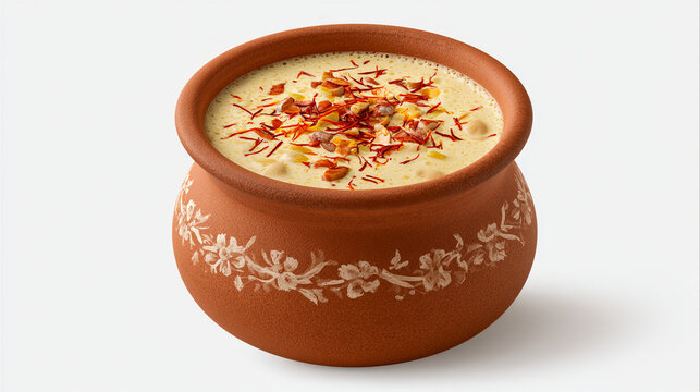 Traditional indian dessert rabri or basundi served in a clay pot isolated on white background