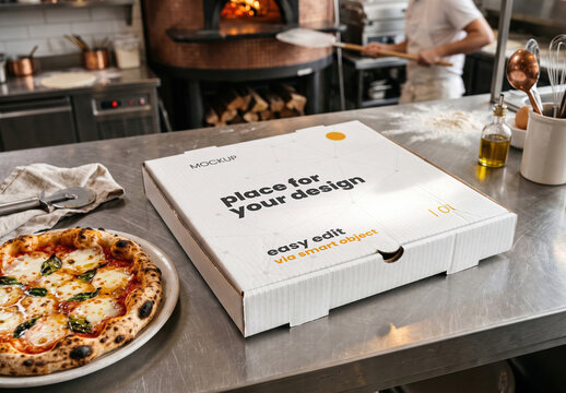 Realistic Pizza Box on Pizzeria Master Place Mockup