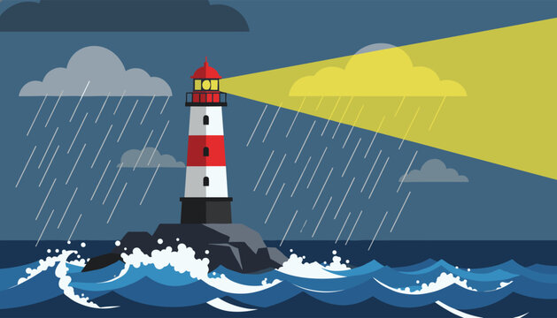 Nautical lighthouse on a rocky island enduring a heavy rainstorm while casting its bright yellow searchlight beam.