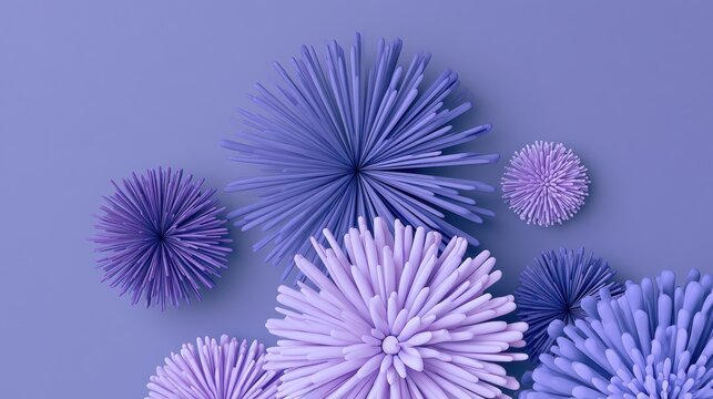 Soft clay flowers rise like fireworks in a pastel display against a lavender backdrop during a festive night setting with clear space