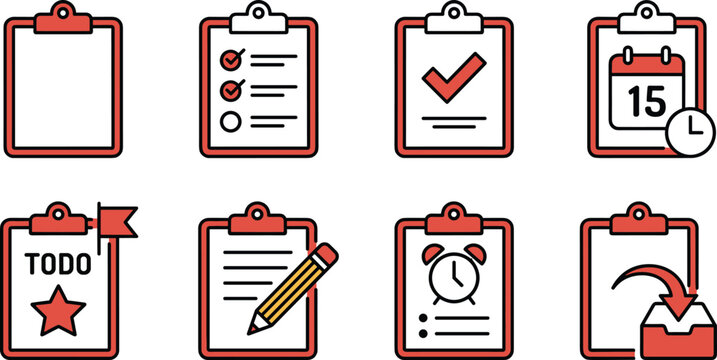 Set of clipboard icons with various task management symbols
