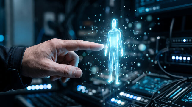 Hand Touching Glowing Human Hologram &ndash; Digital Identity & Biometrics
