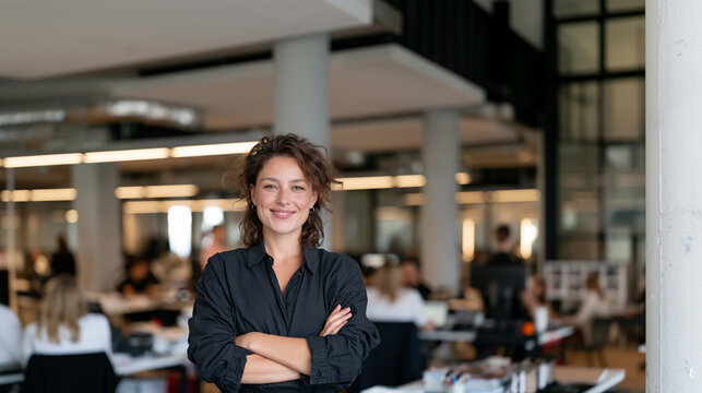 young female cfo smiling confidently in modern office, friendly business casual woman executive standing in bright corporate office