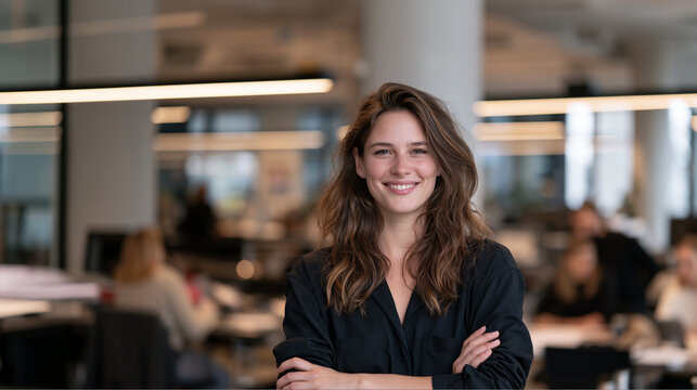 young female cfo smiling confidently in modern office, friendly business casual woman executive standing in bright corporate office