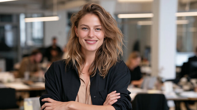 young female cfo smiling confidently in modern office, friendly business casual woman executive standing in bright corporate office