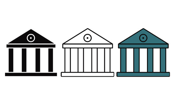 Greek-style building with columns and a triangular pediment in three distinct visual styles