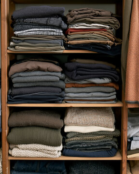Neatly Folded Clothes Stacked on Wooden Shelf