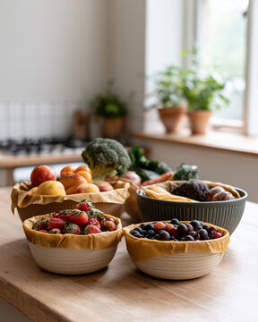 Fresh Fruits and Vegetables in Bowls on Kitchen Windowsill