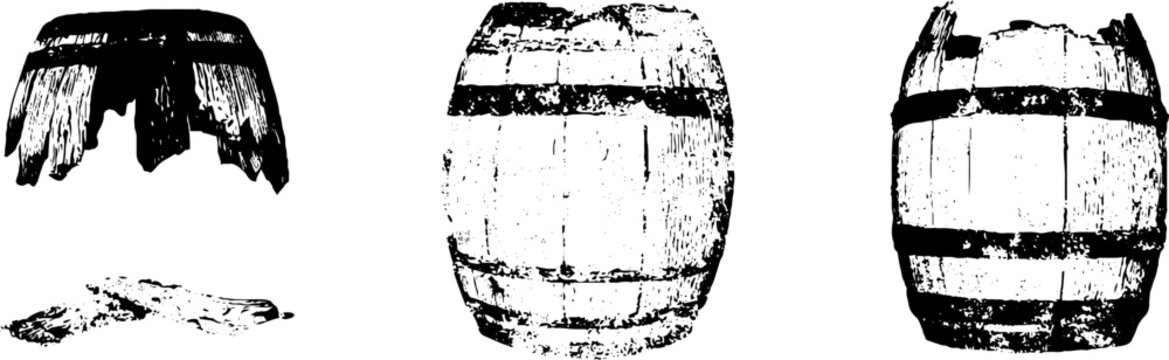Grunge stencil set of damaged wood barrel tops and broken staves with scattered fragments for vintage rustic label and poster design
