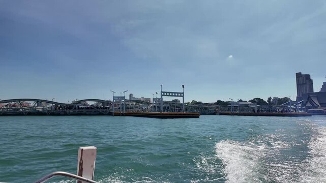Pattaya, Thailand, Southeast Asia, travel b-roll, tourist destination, floating pier, travelers taking photos, posing on dock, speedboat approaching, maritime transport, vacation, holiday, tourism 