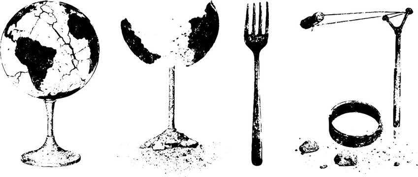 Grunge black and white cracked globe with utensils and broken ring stencil set for editorial background and design