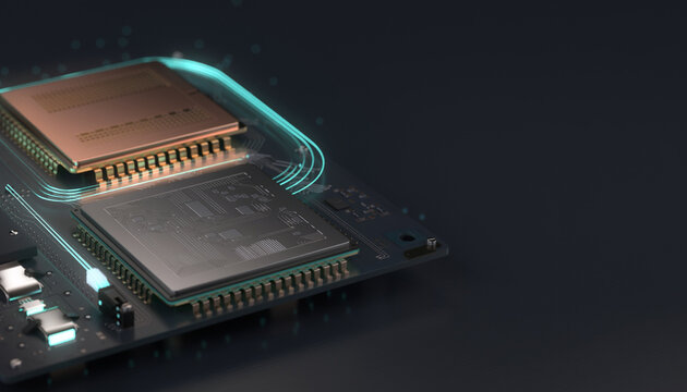 光配線で接続された次世代半導体チップの3Dイメージ