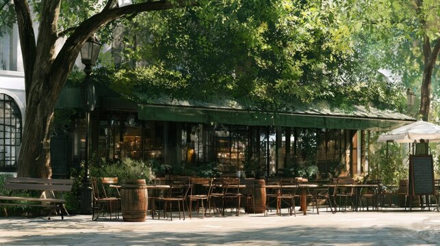 A cozy outdoor cafe with a green awning and wooden tables under a tree in a park setting.