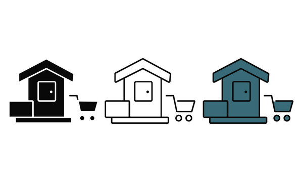 Simple representing a small kiosk or booth with a shopping cart and boxes