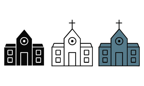 Stylized church building in three distinct variations for religious or architectural representation