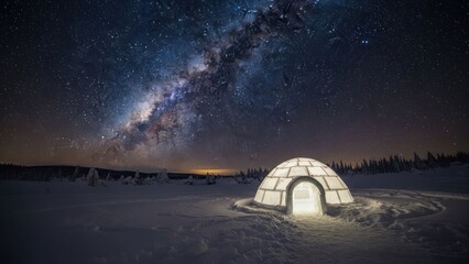 Obraz premium Illuminated igloo under a starry Milky Way in a snowy wilderness