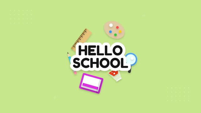Hello school text with floating education objects