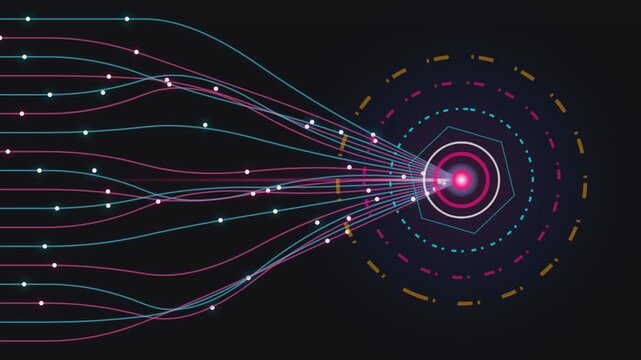 Abstract digital data stream converging into central glowing hub with rotating circular elements and neon light paths in motion graphic.