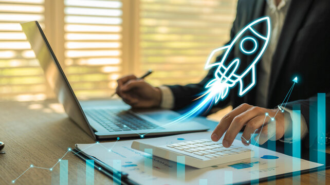 Professional Business Executive Analyzing Financial Growth and Startup Success Metrics on Modern Digital Interface with Futuristic Data Charts