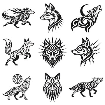 Tribal wolf and fox tattoo emblem set vector illustration isolated on white background