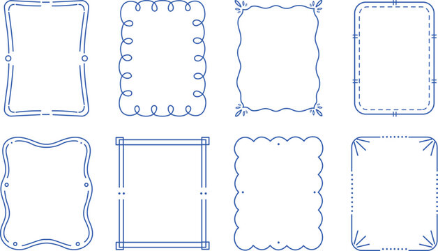 Decorative blue frame borders set, vintage hand drawn line art frames, decorative page edge templates for design