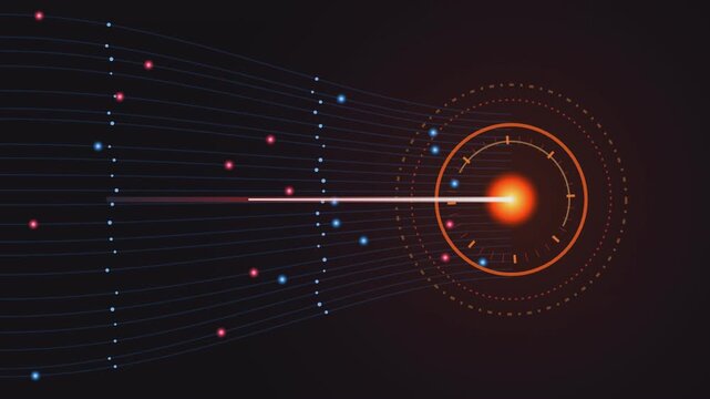 Abstract digital display showing data particle stream flowing into circular radar sensor interface on dark background for technology motion graphic.