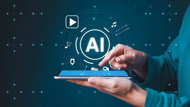 AI technology concept with user touching glowing artificial intelligence interface icons on smartphone