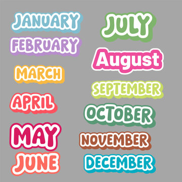 Colorful typography sticker set of twelve months of the year from January to December for planner and calendar design