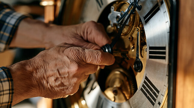 Clock winder's weathered hands carefully inserting a winding key into the face of a tall standing clock in golden afternoon light, close up of knuckles and mechanism, deliberate slow motion implied,