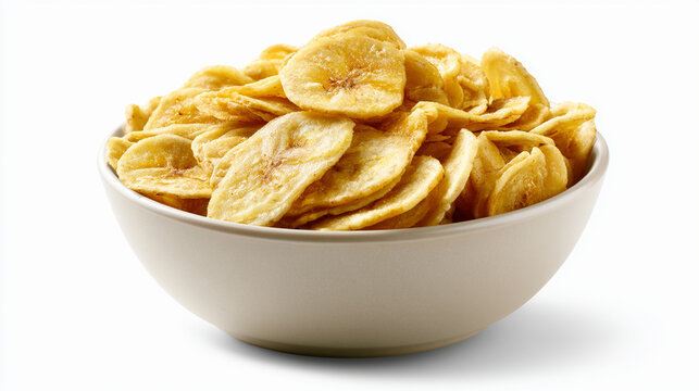 A bowl of crispy banana chips isolated on white background