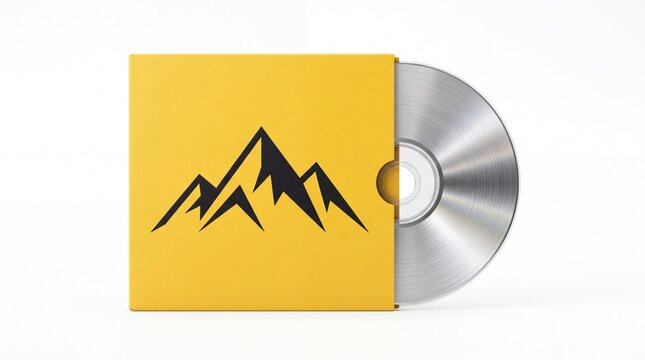 Yellow cardboard disc sleeve featuring a mountain logo design isolated for professional branding on white background