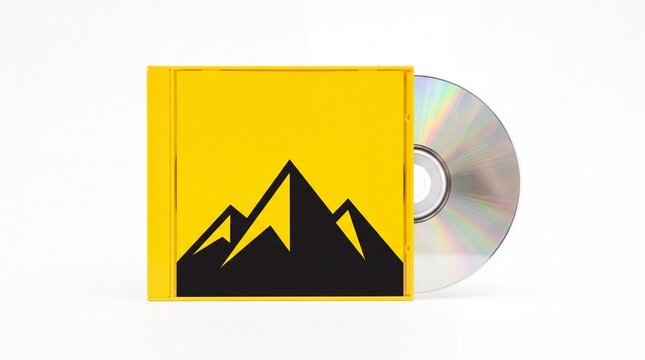 Vibrant yellow compact disc case featuring bold mountain graphic design elements displayed on white background