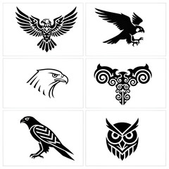 Fototapeta premium Tribal eagle falcon and owl tattoo emblem set vector illustration isolated on white background