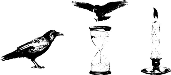 Obraz premium Grunge black and white flying raven hourglass and lit candle stencil set for poster and background design