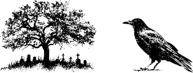 Obraz premium Grunge black and white raven and cemetery tree stencil illustration set for poster and background design