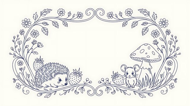 Delicate blue ink line art border cute mouse and mushroom. Whimsical cottagecore floral cartouche with charming woodland hedgehog and strawberry. Vintage fairytale style for card or invitation.