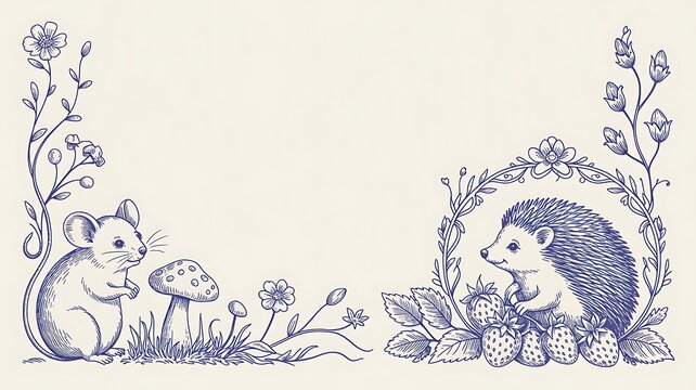 Delicate blue ink line art border cute mouse and mushroom. Whimsical cottagecore floral cartouche with charming woodland hedgehog and strawberry. Vintage fairytale style for card or invitation.