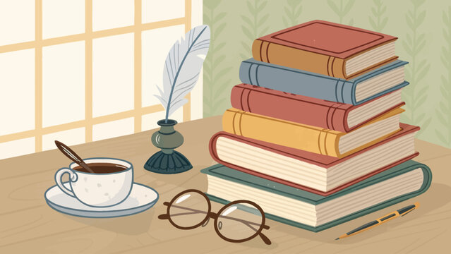 Cozy study desk setup with stack of books cup of coffee and vintage inkwell still life education literature academic learning stationary afternoon knowledge research relaxation peaceful