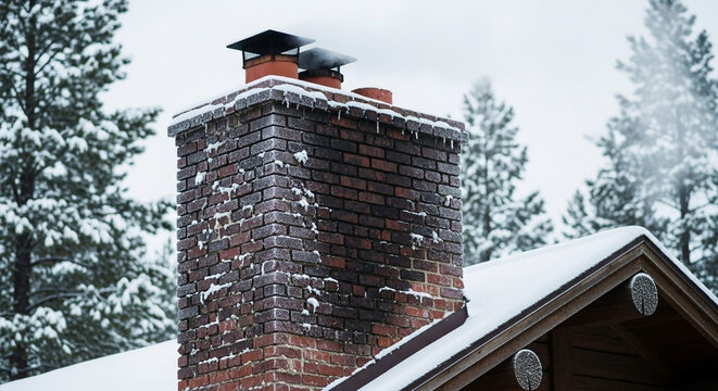 A weathered brick chimney with icicles adorning its edges emits a gentle plume of smoke against a backdrop of snow-covered pine trees, signifying a cozy winter dwelling