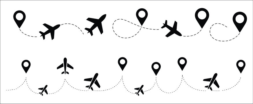 Travel and navigation icons collection, airplane flight paths with dotted lines, location pins, map markers, airplane silhouettes, route guidance, transportation symbols, minimalist flat vector