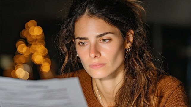 Pensive facial mood serious young woman reading document at night with warm lights bokeh background portrait