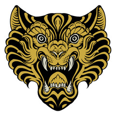 Fototapeta premium Golden tiger head ornamental ethnic vector illustration roaring predator mascot badge t-shirt print design
