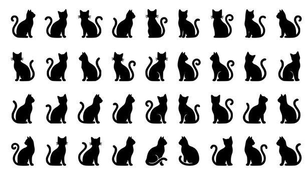 Minimal Sitting Cat Vector Icon Set with Elegant Curled Tail Domestic Feline Silhouettes for Branding and Tattoo Art