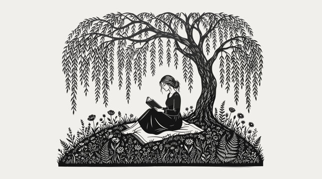 Woman reading a book under a weeping willow tree.