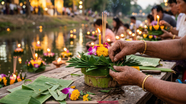 Hands arranging a traditional Thai krathong for Loy Krathong festival.
