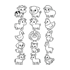 Obraz premium Detailed Line Art Set of Adorable Farm Animals Designed for Childrens Coloring Books and Projects.