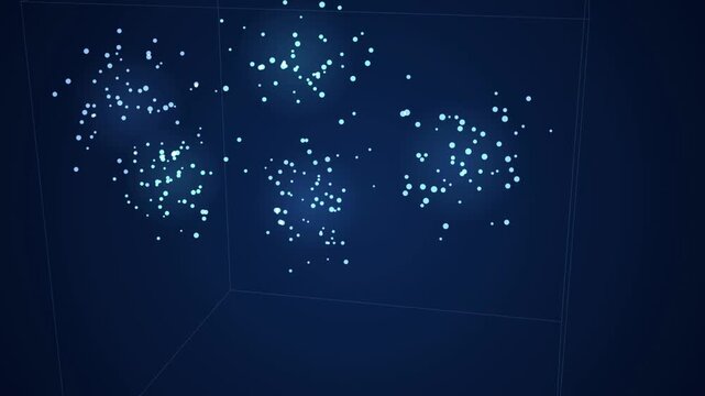 Blue glowing particles inside transparent cube. Dark background emphasizes bright points, creating futuristic effect. Minimalist design.